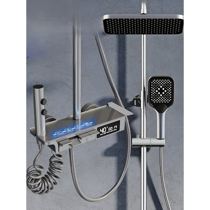 Интелигентна душ колона, LED дисплей, часовник, градуировки, термостатично управление, 4 режима на пръскане, технология за въздушно пръскане, LED светлини, SMART GADGETS C&A, черен