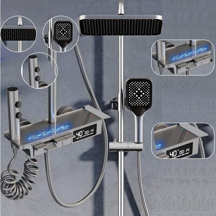 Coloana de Dus Smart, Afisaj LED, Ceas, Gradatii, Control Termostatic, 4 Moduri de Pulverizare,, Tehnologie de Pulverizare cu Aer, Lumini LED, Materiale Premium, Para Dus, Robinet Ascuns, Fara Conectare Electrica, SMART GADGETS C&A, Gri