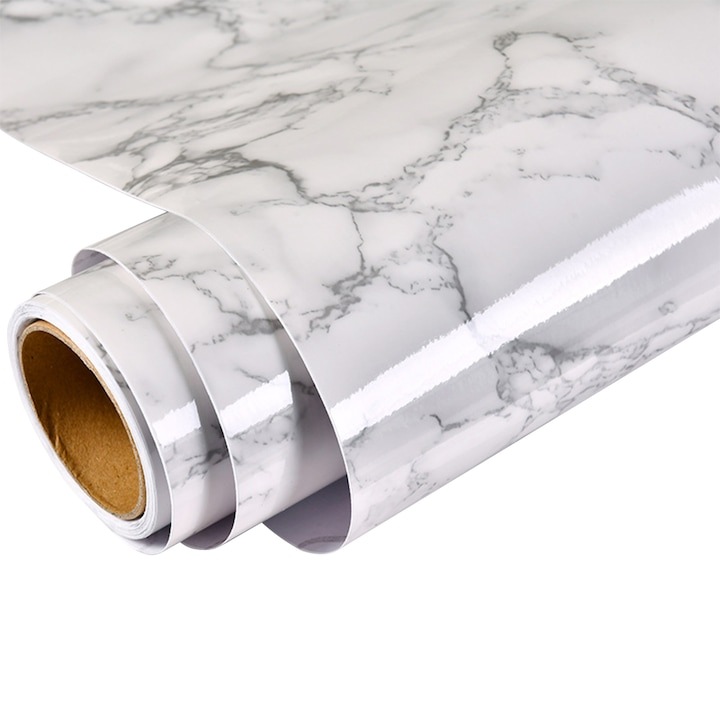 Черно-бял мраморен декоративен стикер, WELUOT, 60x500см