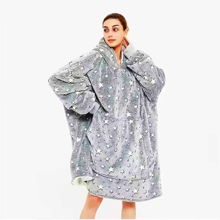 DIGIMAT® pulóver takaró, univerzális méret, oversize (XXL), kapucni, rugalmas mandzsetta, tágas zseb, bordázott, ultra puha tapintású, gyapjúval bélelt, teljes belső felületén, foszforeszkáló csillagok, Szürke zölddel
