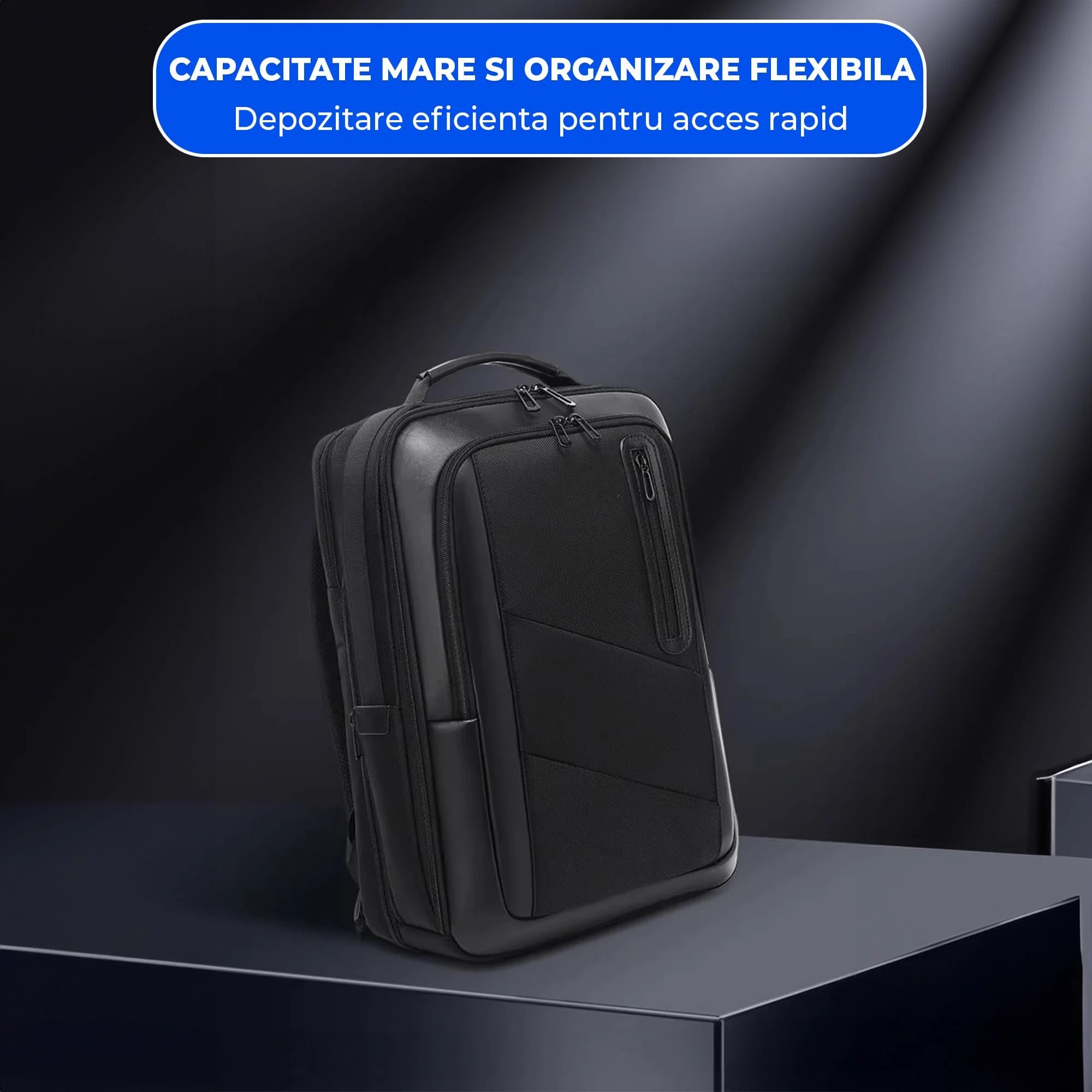 Ghiozdan Timebox Extensibil, Waterproof, Rezistent la uzura, pana la 16 inch, 8 compartimente, Design Ergonomic, Potrivit pentru laptop/ tableta, Piele, Negru