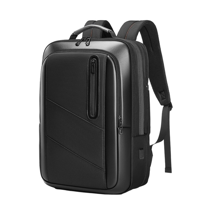 Ghiozdan Timebox Extensibil, Waterproof, Rezistent la uzura, pana la 16 inch, 8 compartimente, Design Ergonomic, Potrivit pentru laptop/ tableta, Piele, Negru