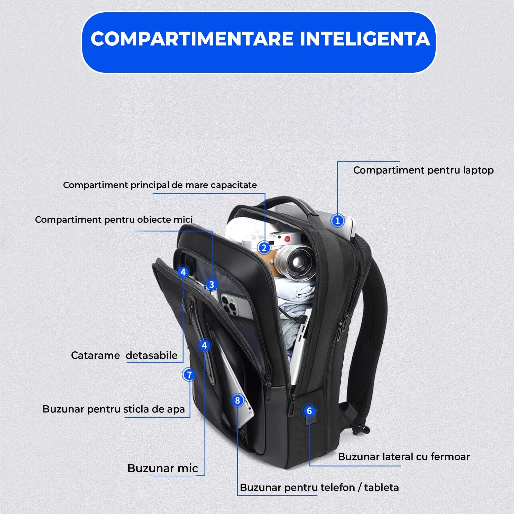 Ghiozdan Timebox Extensibil, Waterproof, Rezistent la uzura, pana la 16 inch, 8 compartimente, Design Ergonomic, Potrivit pentru laptop/ tableta, Piele, Negru