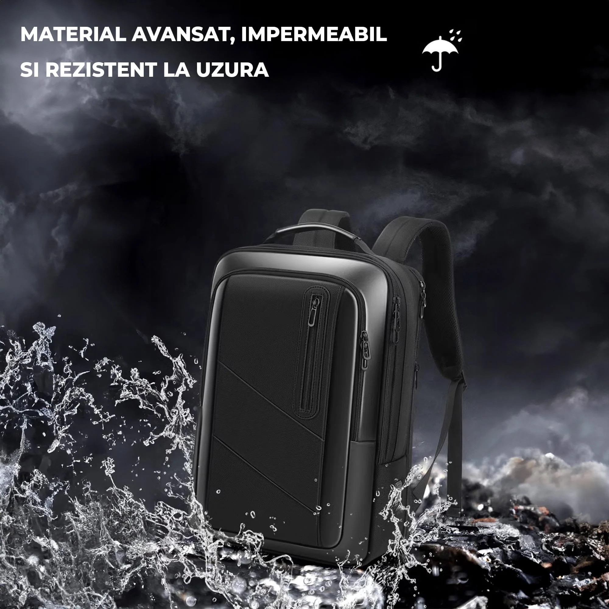 Ghiozdan Timebox Extensibil, Waterproof, Rezistent la uzura, pana la 16 inch, 8 compartimente, Design Ergonomic, Potrivit pentru laptop/ tableta, Piele, Negru