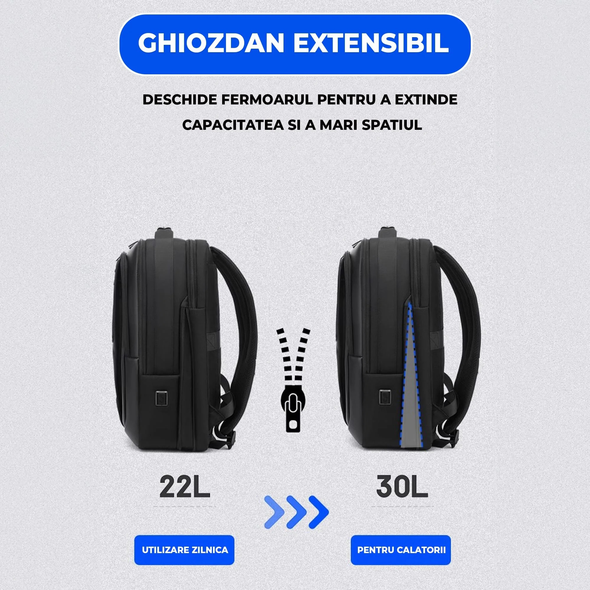 Ghiozdan Timebox Extensibil, Waterproof, Rezistent la uzura, pana la 16 inch, 8 compartimente, Design Ergonomic, Potrivit pentru laptop/ tableta, Piele, Negru