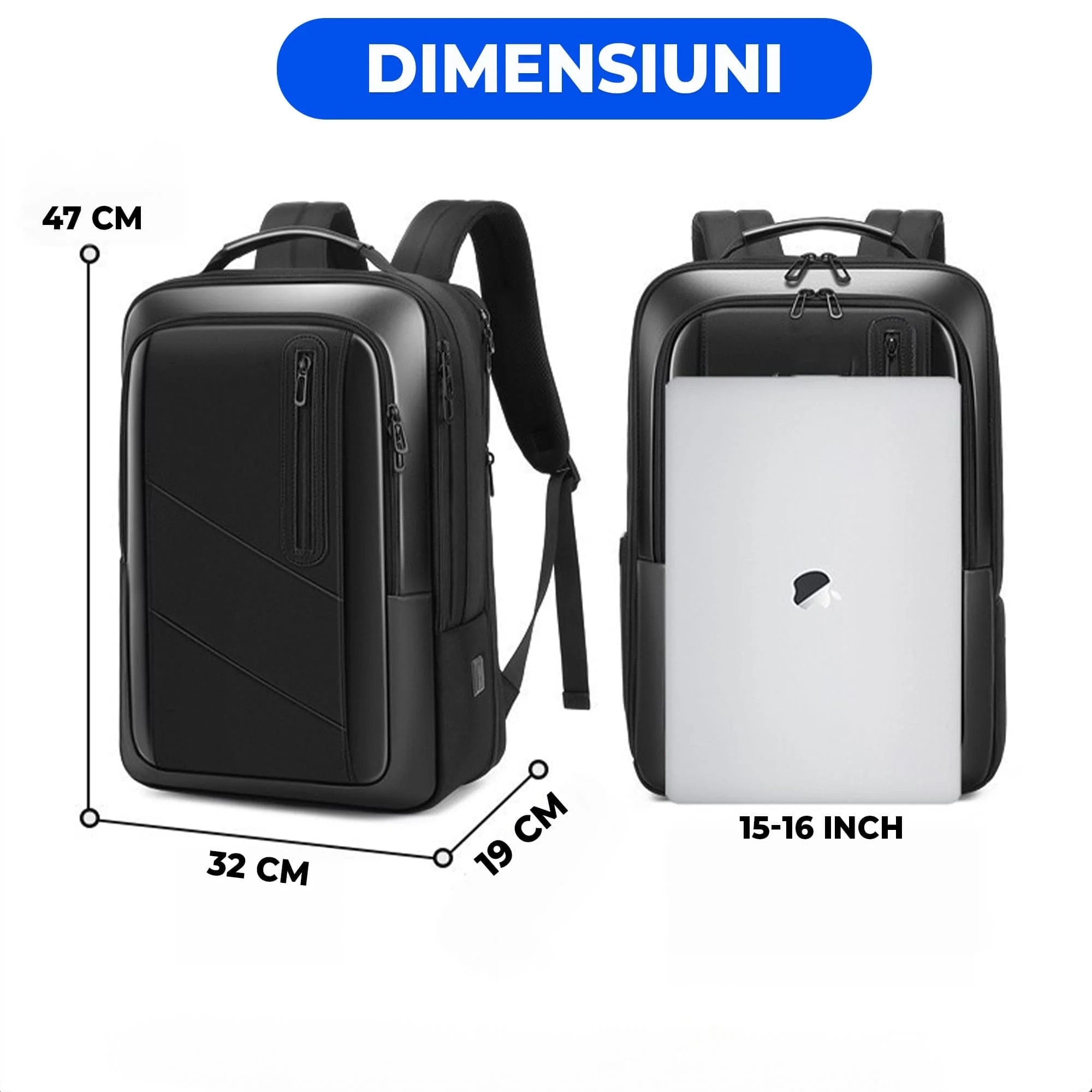 Ghiozdan Timebox Extensibil, Waterproof, Rezistent la uzura, pana la 16 inch, 8 compartimente, Design Ergonomic, Potrivit pentru laptop/ tableta, Piele, Negru