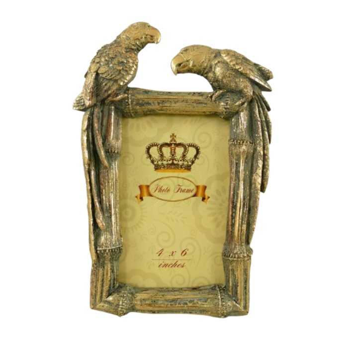 Rama foto cu papagali, 4 x 6, auriu, H 23cm