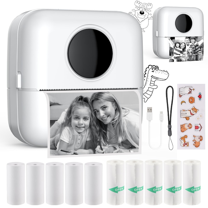 Преносим термопринтер, 10 ролки термохартия, 82x82x45mm, Bluetooth, черно-бял