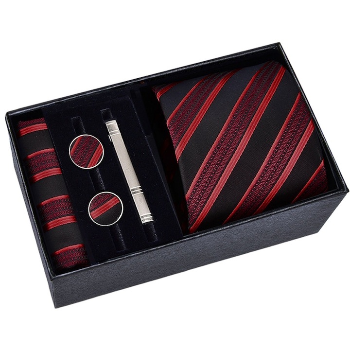 Set cravata Welout cu 1 batista, ace, 2 butoni, reglabila, poliester, 145cmx8cmx3.5cm, rosu/negru