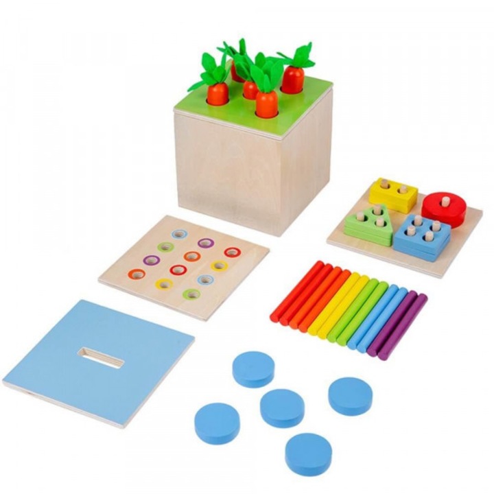 Joc educativ din lemn Montessori Play Kit cu Cutie de Monede, Joc de Recoltare a Morcovilor si Joc de Potrivire a Culorilor 4-in-1