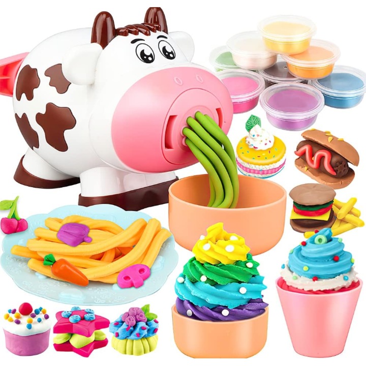 Kit pentru modelarea plastilinei -Set interactiv cu 19 piese si 8 culori - Creeaza si modeleaza cu vaca jucausa