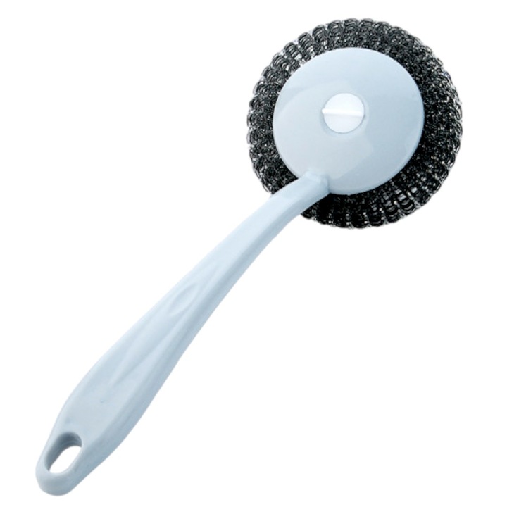 Perie plastic, nedeformabila, pentru curatare vase, lungime 27, 5 cm, cu burete metalic, inlocuibil, diametru 9 cm, albastru