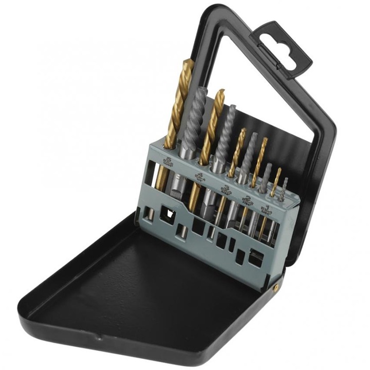 Set 10 Piese Extractoare de Suruburi si Burghie Stanga Cobalt, Enforose, Aurie si Argintie, Cutie de Depozitare