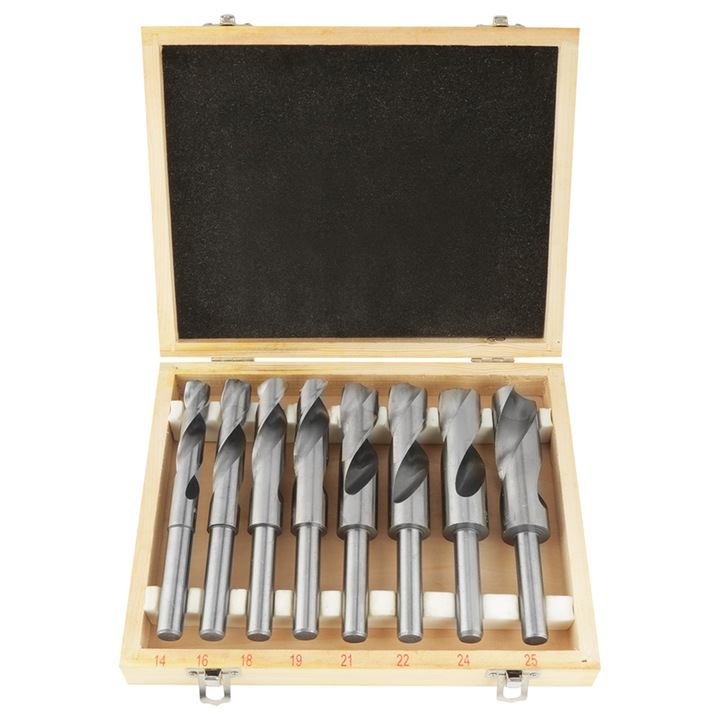 Set 8 burghie HSS, Enforose, din otel tratat termic, dimensiuni 14-25mm, cutie din lemn