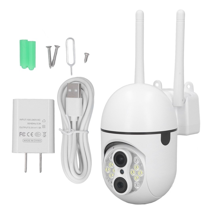 Camera de supraveghere wireless, Jormftte, 1080P, detectie miscare, audio bidirectional, Alb