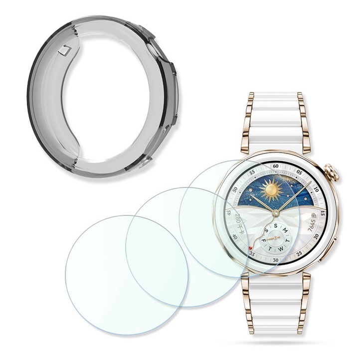 Комплект за защита на екран и калъф за смарт часовник Huawei Watch GT 5 Pro 42 мм, 3 стъклени фолиа и 1 TPU калъф, прозрачен / черен