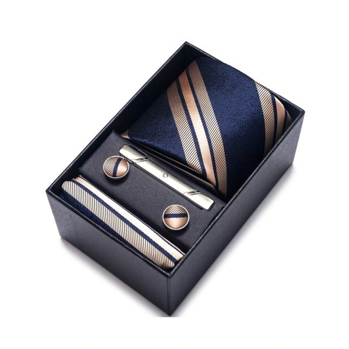 Set pentru barbati, include cravata, batista de buzunar, butoni, clema de cravata in design clasic, culoarea albastru si bej, The Casius.®