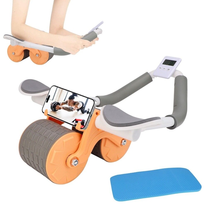 Rola abdominala AKKEE cu suport pentru coate, timer si saltea de protectie pentru genunchi, portocalie si gri, 10.5cm