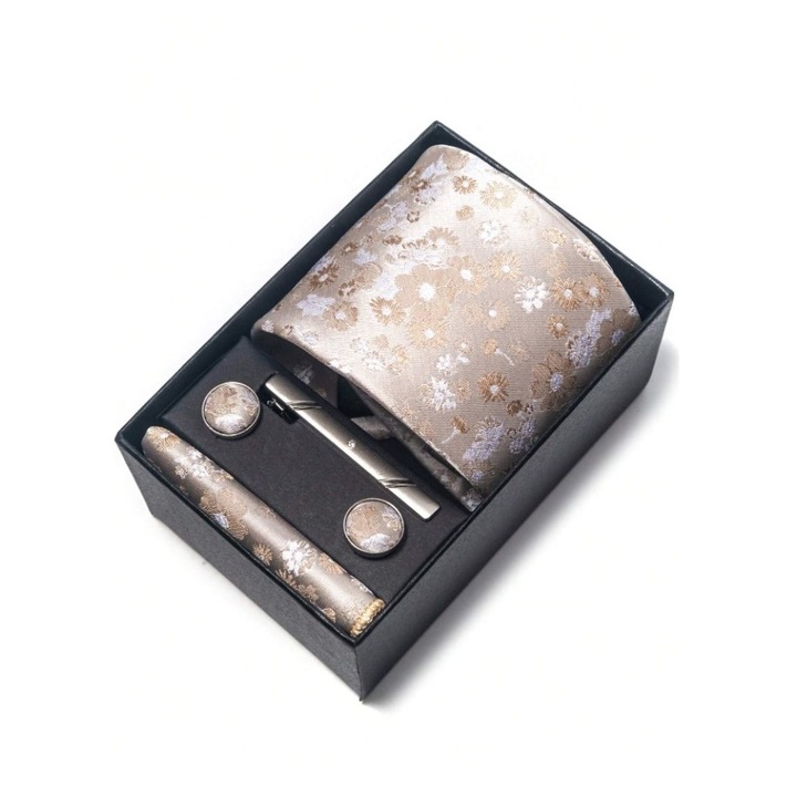 Set pentru barbati, include cravata, batista de buzunar, butoni, clema de cravata in design clasic, culoarea bej, The Casius.®