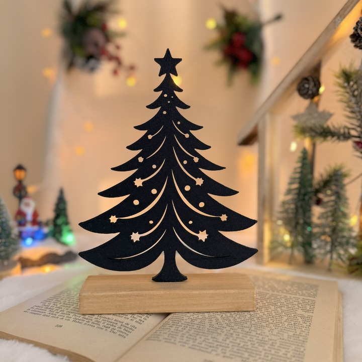 Decoratiune Craciun, Brad– Eco-friendly, Baza din Lemn Natural, Negru 20.5cm, Handmade, Decor Interior Birou, Sufragerie, Cadou Craciun, Printat 3D din PLA Eco (plastic biodegradabil), DECORADI®