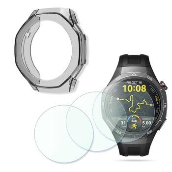 Set protectie ecran si carcasa pentru smartwatch Huawei Watch GT 5 Pro 46mm, 3 folii de sticla si 1 carcasa TPU, negru transparent