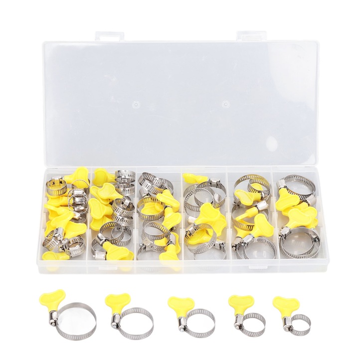 Комплект от 44 бр. скоби за маркучи от неръждаема стомана, за многократна употреба, регулируеми, жълти и сребристи, размери 10-16 мм, 13-19 мм, 16-25 мм, 19-29 мм, 25-38 мм
