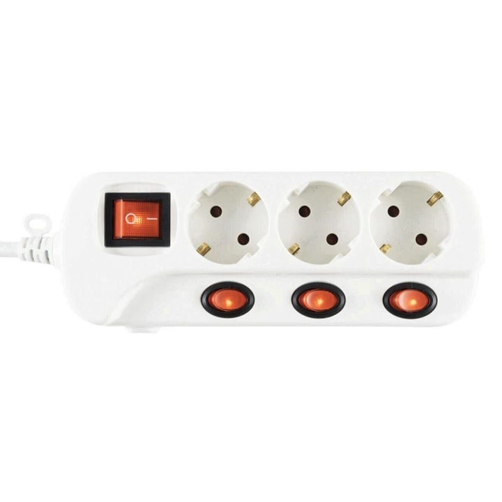 Prelungitor Home NVK 03K/WH, 3 socluri cu buton individual, 1.5 m, alb