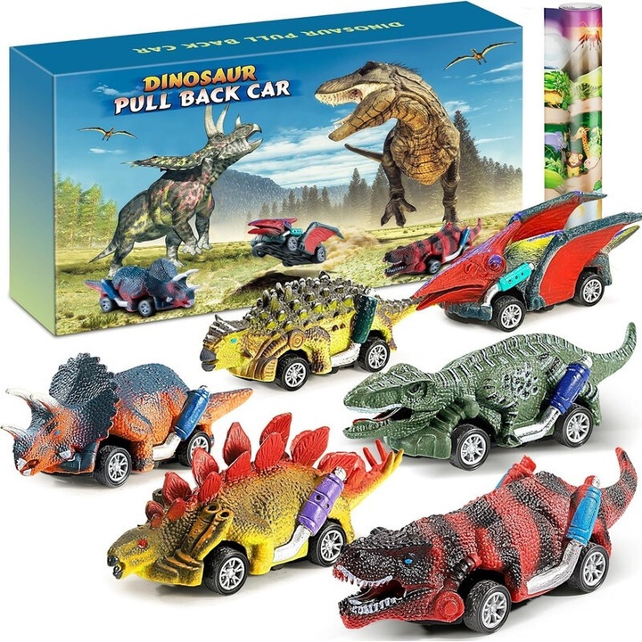 Set masinute dinozaur, 6 bucati cu covor de joaca, T-Rex, Triceratops, Stegosaurus, Ankylosaurus, Pterosaur, Velociraptor, 60x80cm