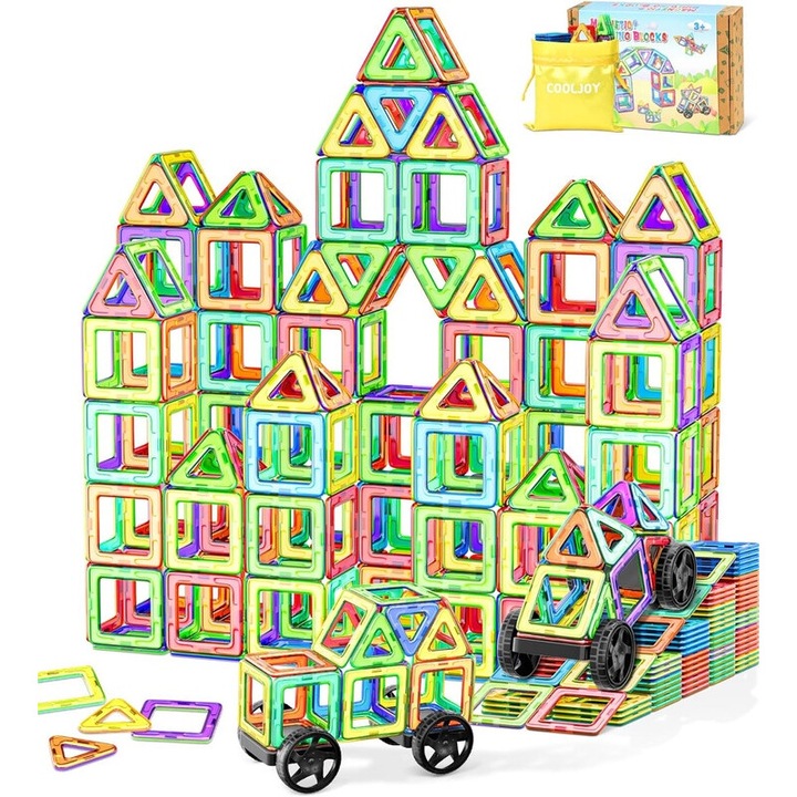 Set 50PCS Blocuri Magnetice, 24x Patrate, 18x Triunghiuri, 6x Roti, 1x Sac de Depozitare, 1x Manual, 1x Cutie Retail