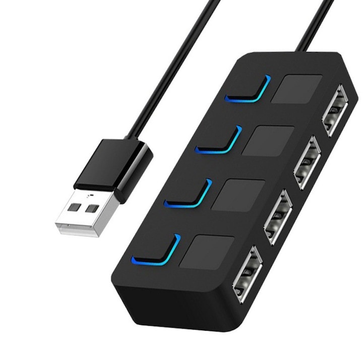 USB 2.0 хъб, LED, 4 порта, черен
