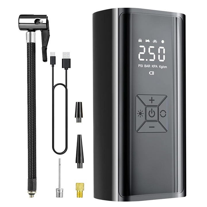 Bedee elektromos felfújó pumpa, 150 PSI, 6000 mAh akkumulátor, LED, 16x8x6cm, fekete