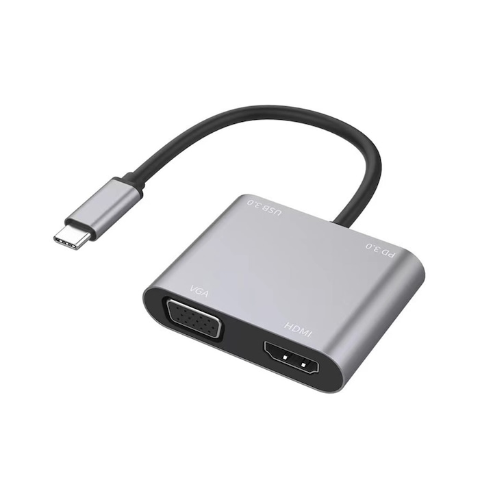 WELUOT 4 в 1 хъб с HDMI 4K, VGA, USB 3.0, Type-C, сив