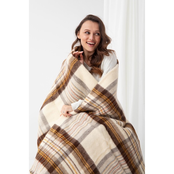 Patura din lana cu franjuri, 150x200cm, multicolor, 100% lana nouazeelandeza