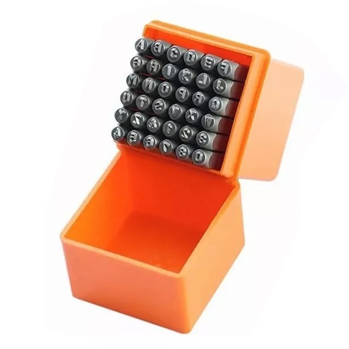 Set de stampile din otel Enforose, 37 buc, litere A-Z, numere 0-9, cutie de depozitare, 64x6mm
