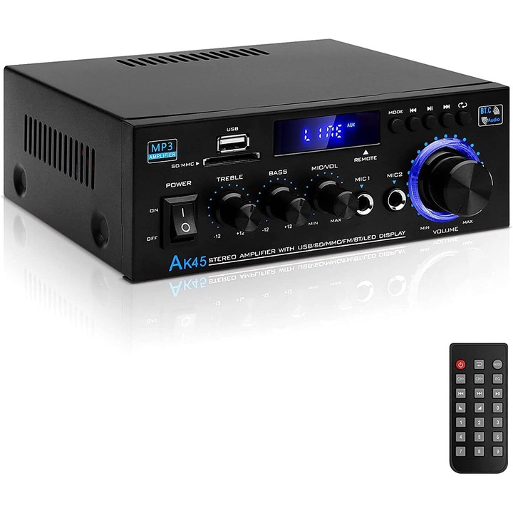 Аудио усилвател Bedee AK45, 40W+40W, Bluetooth 5.0, черен, 180x138x70mm, с дистанционно