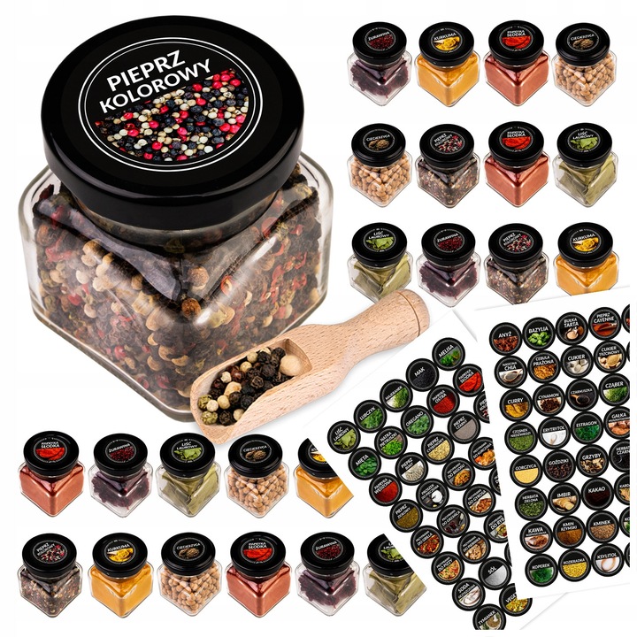 Set de 20 de recipiente si accesorii, Superbutelki, sticla/metal, 120ml, pentru condimente, 60 x etichete, lingura, multicolor