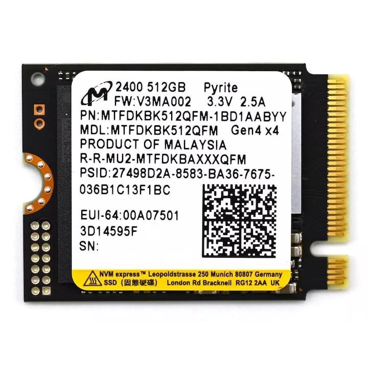 SSD 512GB Micron 2400, PCIe Gen4.0 x4, bulk, format 2230, read/write: 4200/1800 MB/s