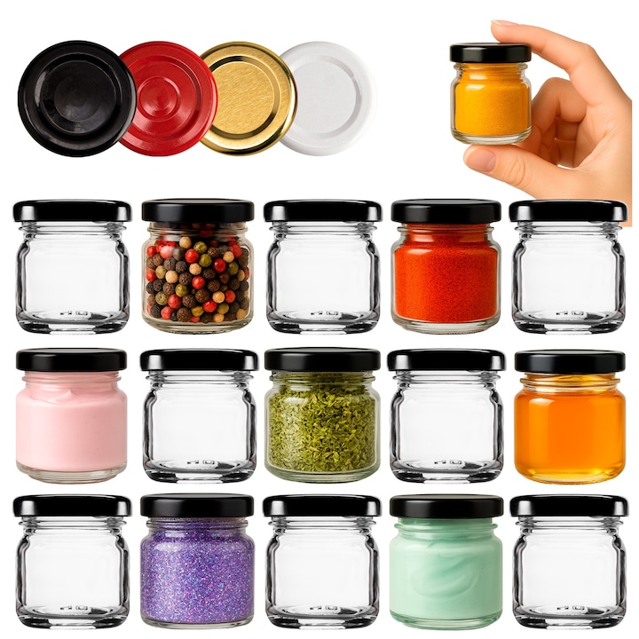 Set de borcane cu capace cu surub, Superbutelki, sticla/metal, pentru condimente/conserve/confiture/miere, 40ml, multicolor, 100 bucati