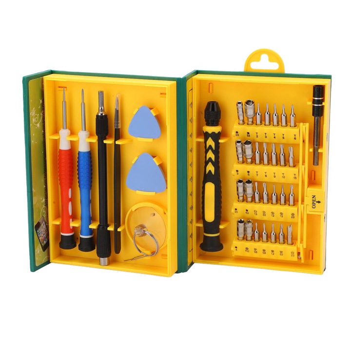 Jormftte csavarhúzó készlet, 38 darabos, tartóval, tapadókoronggal, csipesszel, nyitószerszámokkal, telefonjavításhoz