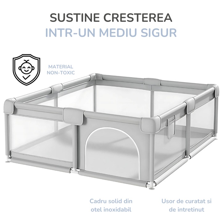 Tarc activitati pentru copii JIJU®, de la 6 luni la 5 ani, plasa de protectie elastica, design compact, rezistent, materiale non toxice Premium, colturi protejate, 120x120 cm