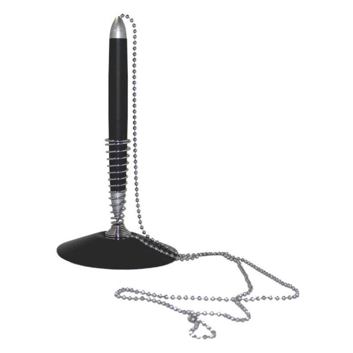 Pix cu bila CNX 138892, cu suport birou, baza rotunda, cu lant metalic, corp negru, scris albastru