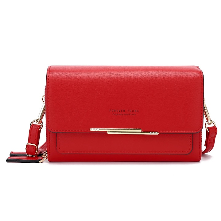 Geanta dama umar Crossbody, AllizBan®, Pentru telefonul mobil, Cu fermoar, 18x10x6cm, Piele ecologica, Rosu, 18 x 10 x 6 cm