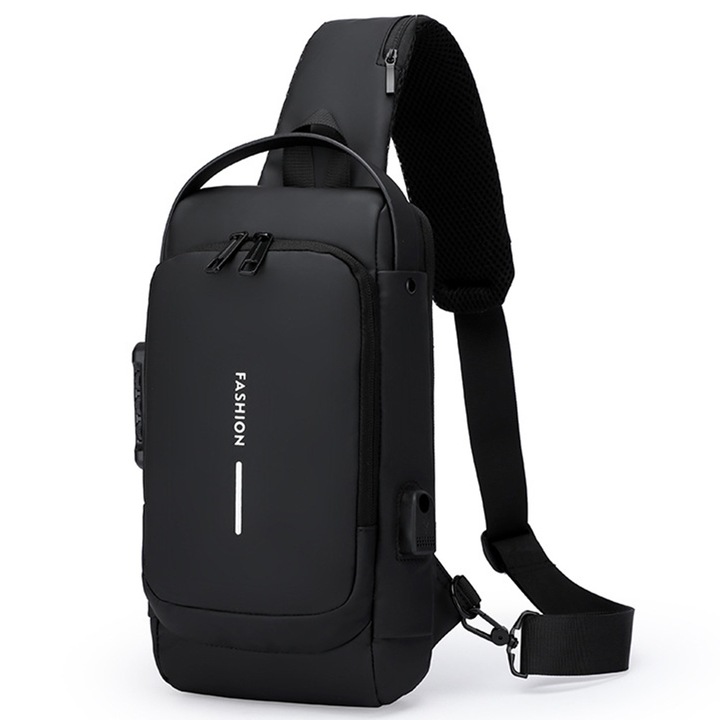 Férfi válltáska vagy kézitáska, AllizBan®, Crossbody, USB töltés támogatással, lopásgátló zsebbel, vízálló, rejtett kártyazseb, mérete 32x17x7 cm, fekete