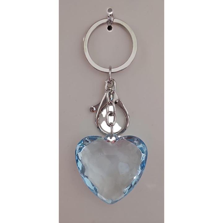 Breloc chei in forma de inima cu carabina si inel pentru chei, blue