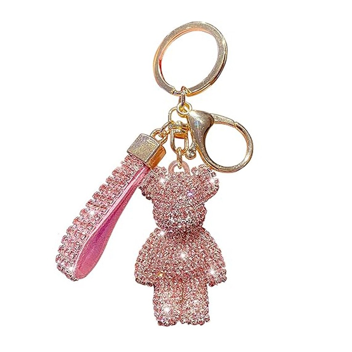 Breloc pentru Chei, Ghiozdan, Geanta, Penar, model Ursulet, Strasuri, Pentru Adulti si Copii, Roz