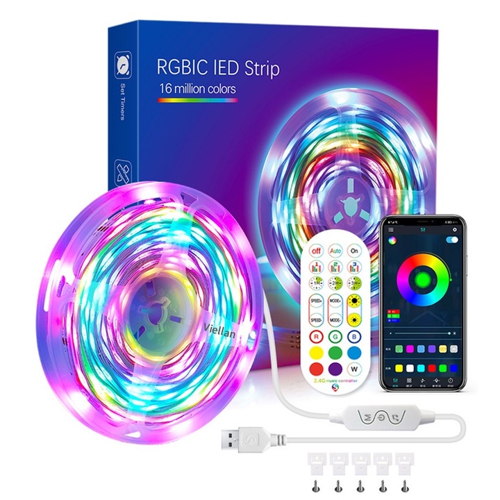 VIELLAN RGBIC LED лента 5 метра, Bluetooth, Indoor IP20, 14 leds/m 5050 RGB, Лепило, Приложение за телефон, Дистанционно управление, Музикален режим, Таймер