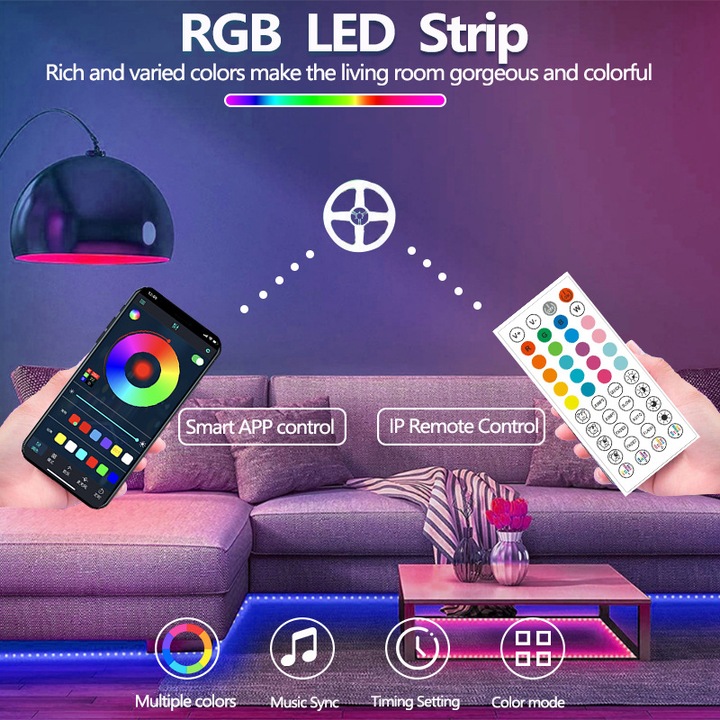 VIELLAN LED szalagkészlet 15 méter, Bluetooth, 16 LED/m 3535 RGB, Ragasztó, Telefonos alkalmazás, Távirányító, Zene mód, Időzítő, Beltéri IP20, Led szalag