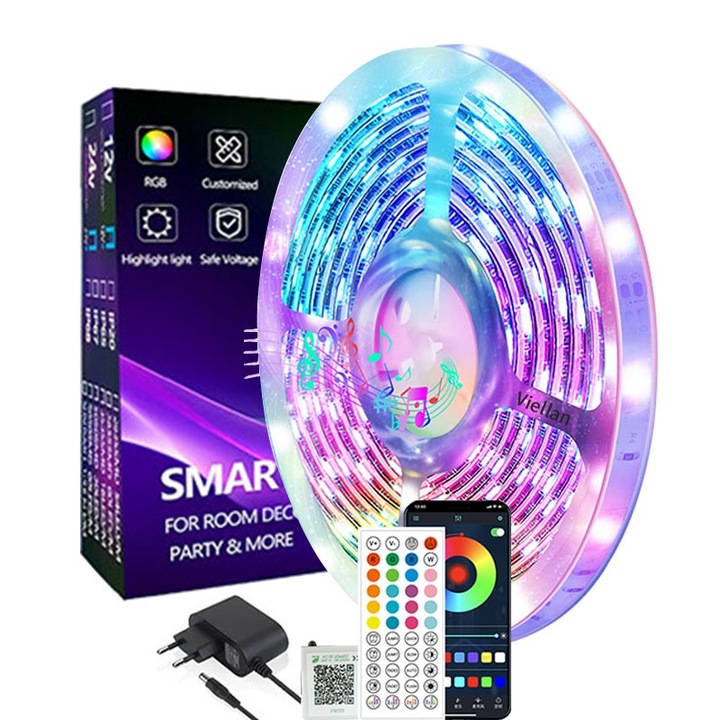 Комплект LED ленти VIELLAN 20 метра, IP20 за закрито, 16 светодиода/m 3535 RGB, Bluetooth, лепило, Приложение за телефон, Дистанционно управление, Музикален режим, Таймер, Led лента