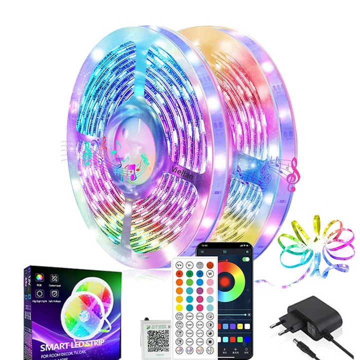 Комплект LED ленти VIELLAN 40 метра (2X20M), Bluetooth, 16 LED/m 3535 RGB, лепило, приложение за телефон, дистанционно управление, музикален режим, таймер, вътрешен IP20, светодиодна лента