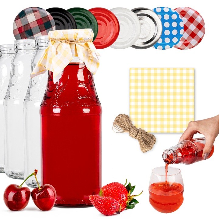 Set Sticle, SuperButelki, cu capac, 330 ml, 14 kg, pentru suc, cu o gluga galben, 50 buc